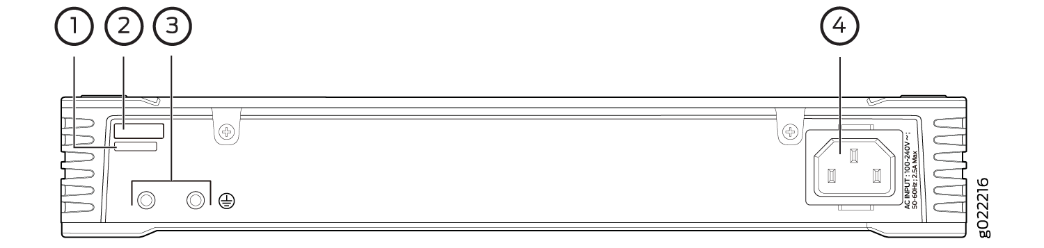 Diagram of a device's rear showing labeled components: cooling vents, connector/port, grounding point, and AC power input with voltage specs.