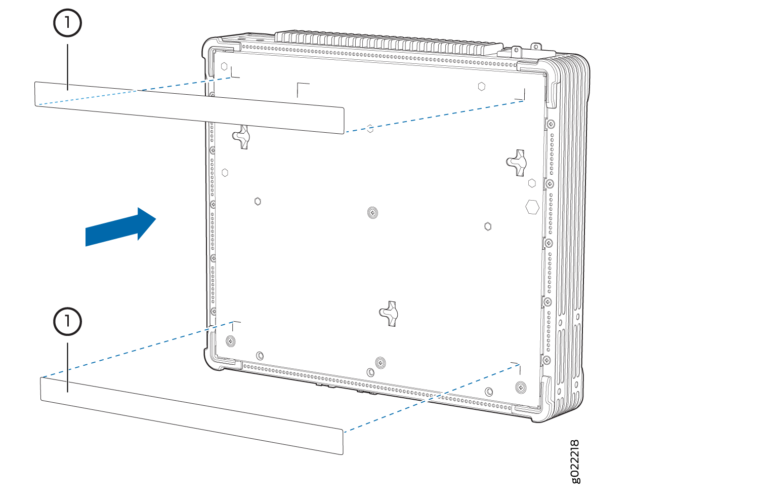 Sliding panel installation with blue arrow indicating direction to the right. Dashed lines for alignment. Step 1 labeled.