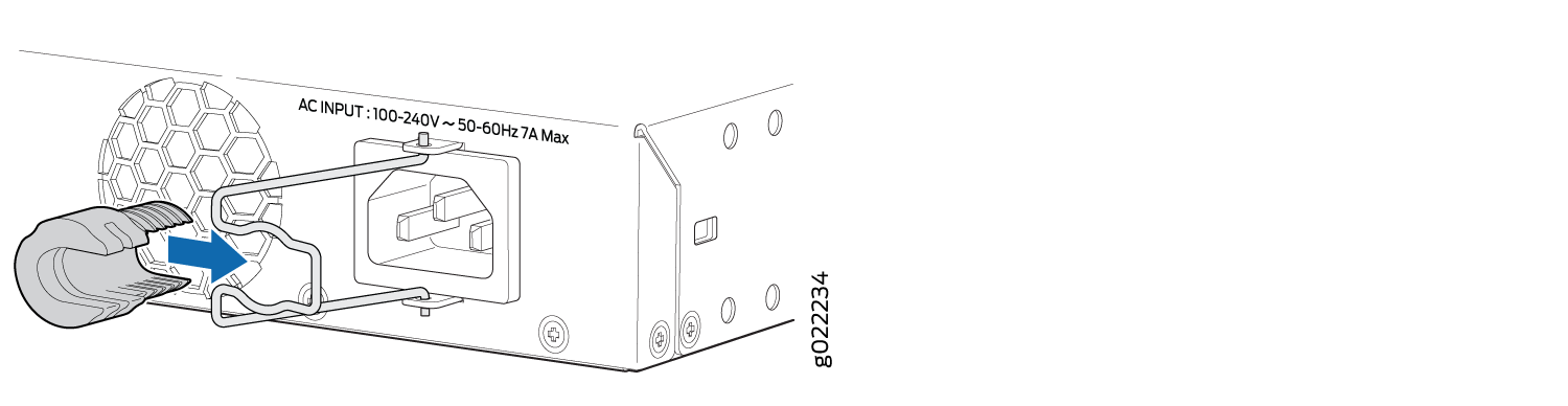 Connecting an AC Power Cord Retainer Clip to the AC Power Cord Inlet on EX2300 Switches Except the EX2300-C Switch and the EX2300-24MP and EX2300-48MP Models