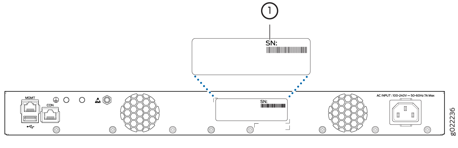 Rear panel of a network device showing MGMT Port, CON Port, USB Port, cooling fans, power input, serial number label, and hexagonal grilles for airflow.