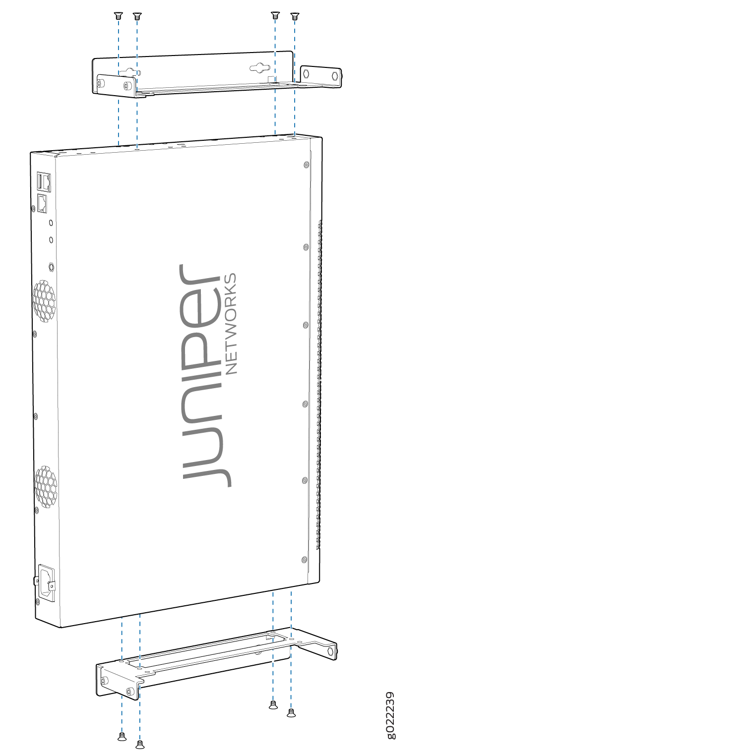 Installing mounting brackets on a Juniper Networks device with screws for rack-mounting.
