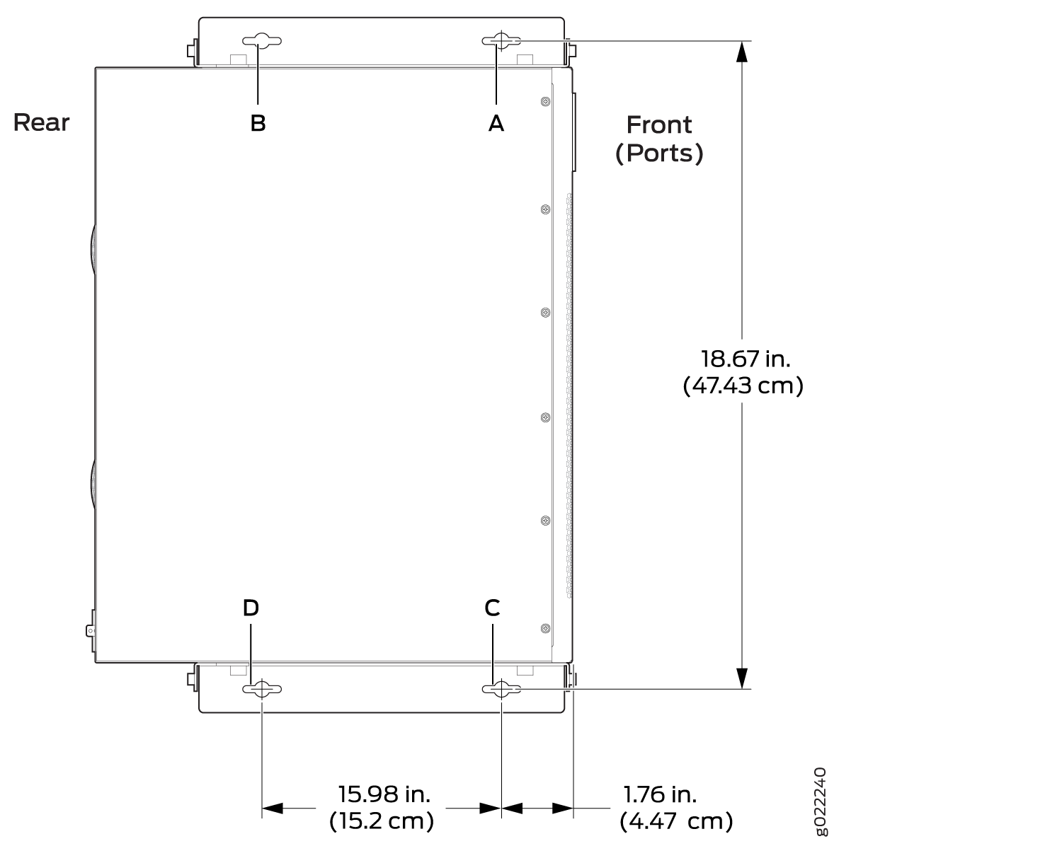 Technical diagram of hardware showing dimensions, mounting points A-D, front ports, and rear connections for installation guidance.