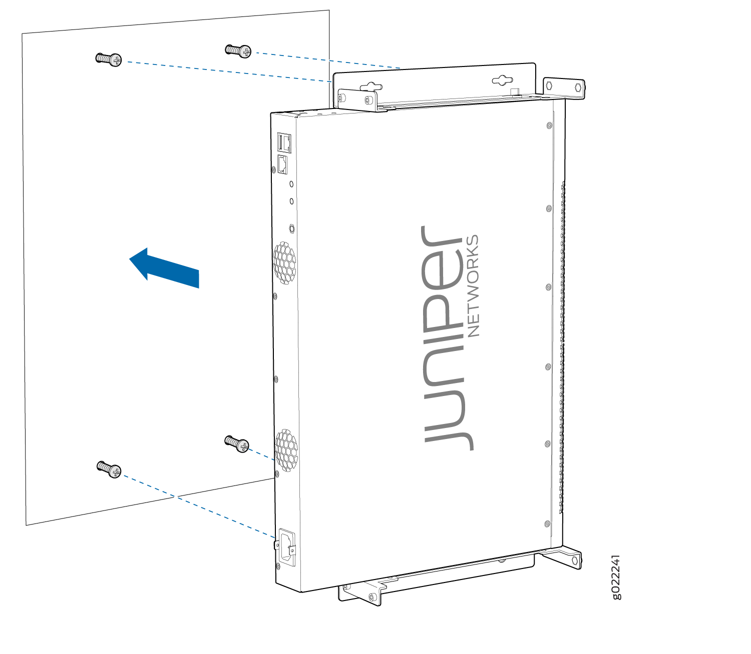 Juniper Networks device being mounted on a wall with brackets and screws; blue arrow shows installation direction.