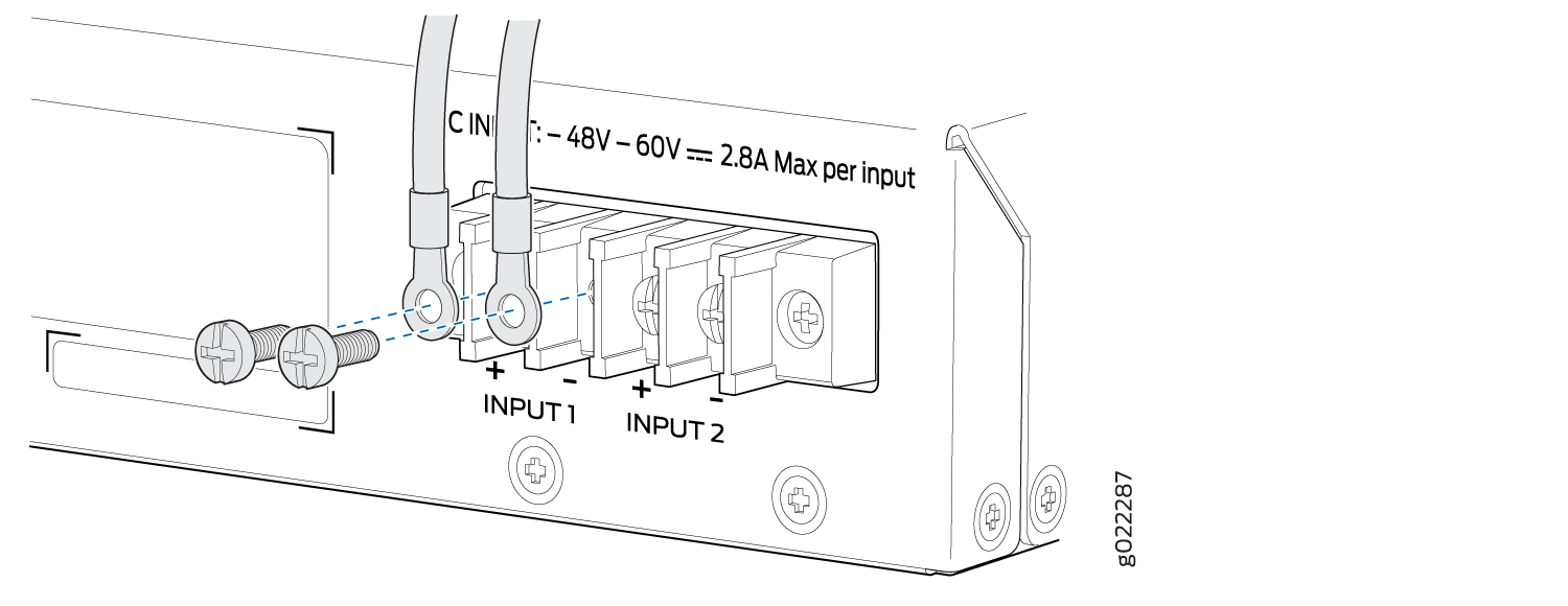 Wiring diagram for connecting power inputs to a device with two terminals labeled INPUT 1 and INPUT 2, showing positive and negative connections for 48V to 60V DC input voltage with a max current of 2.8A per input.