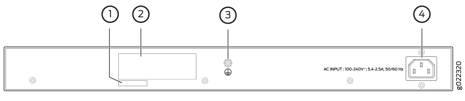Rear panel diagram with labeled components including a vent, slot, grounding point, and AC power input socket with specifications.