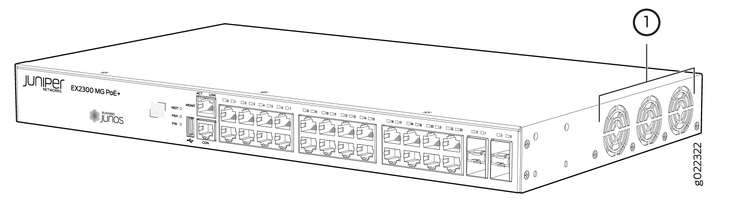 Juniper Networks EX2300 MG PoE+ Ethernet switch with multiple Ethernet ports, management interfaces, and cooling fans for LAN connectivity.