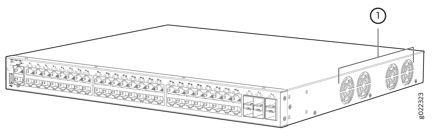 Network switch with Ethernet ports on front and cooling fans on back for LAN device connections.