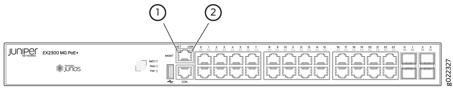 Juniper Networks EX2300 MG PoE+ Ethernet switch front panel with management and console ports, 23 Ethernet ports, 4 uplink ports, and LED indicators.
