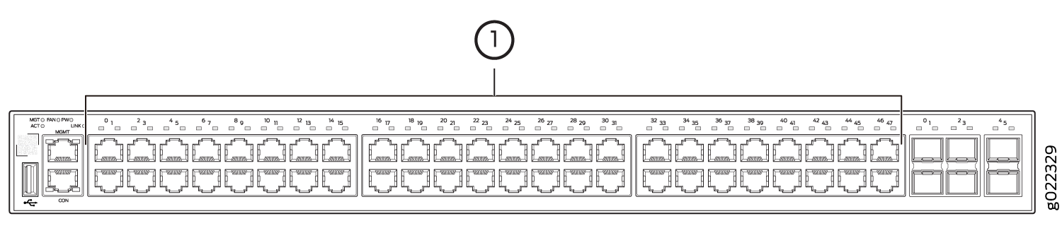 Network switch with numbered Ethernet ports, a management console port, and a USB port for connectivity in data centers.