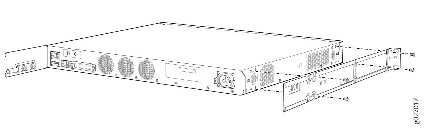 Rack-mounted device with mounting brackets being secured with screws, showing rear ports, connectors, cooling fans, and power input.