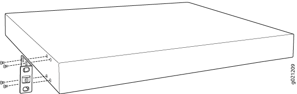Technical drawing of a rectangular electronic enclosure with screws and mounting brackets on one side for surface attachment.