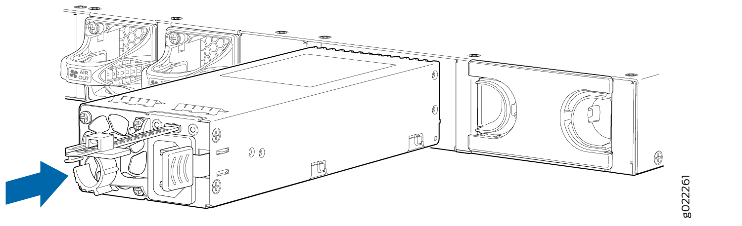 Power supply unit being installed or removed from a rack-mounted system with blue arrow indicating movement direction.