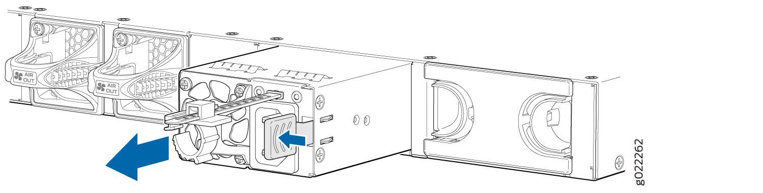 Server equipment illustration showing PSU removal or installation with blue arrows. Cooling fans labeled AIR OUT and other modular components visible.