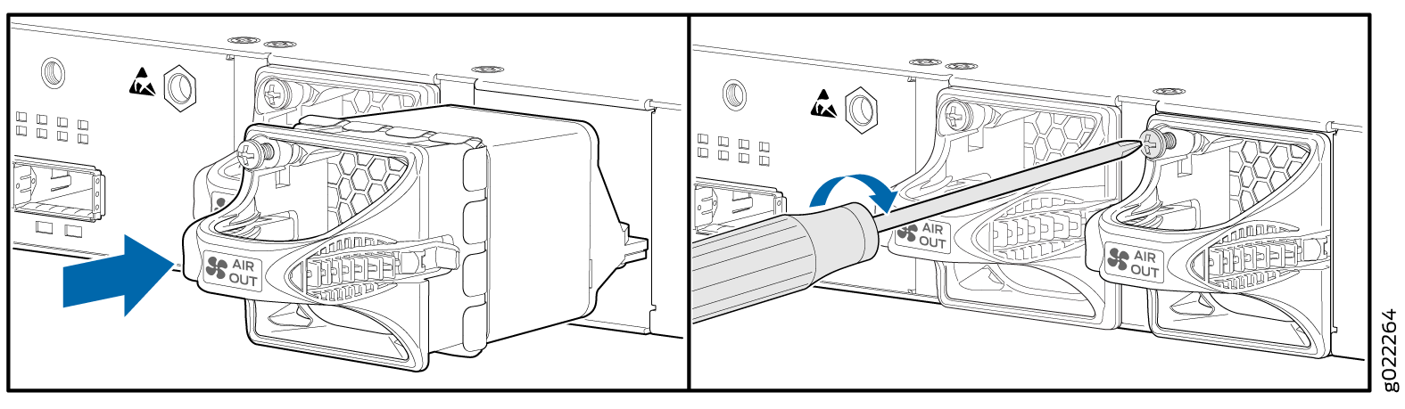 Removing or securing a fan module in server equipment. Left: Fan module pulled out with airflow direction indicated. Right: Screwdriver secures or loosens fan module.