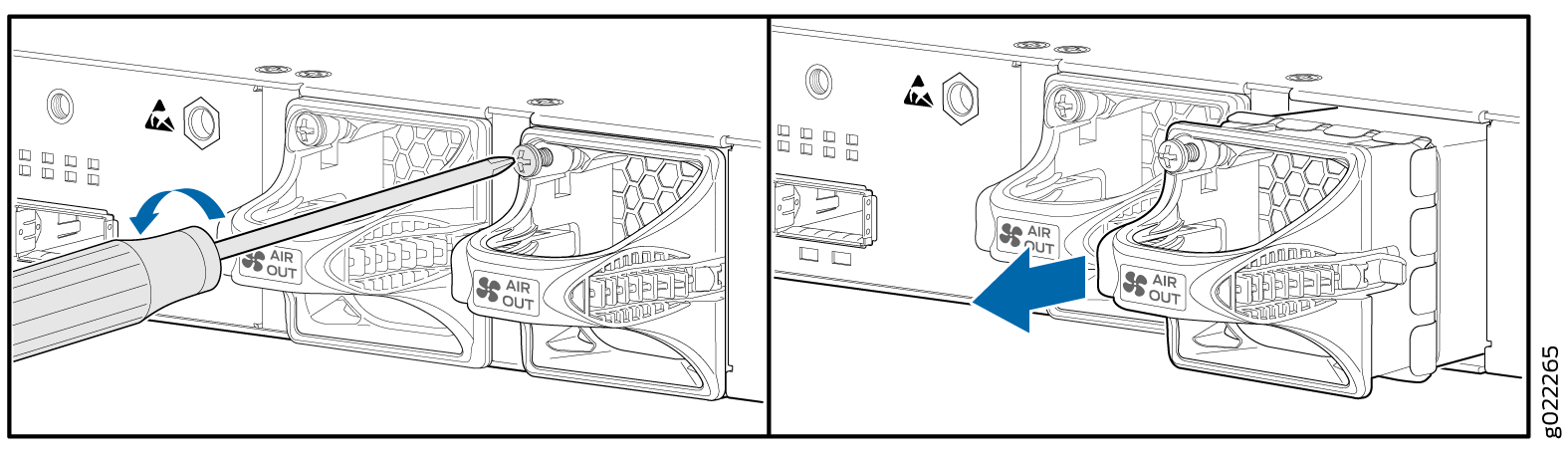 Removing a fan module from hardware; left: loosen screws with a screwdriver, right: pull module out as indicated by arrows.