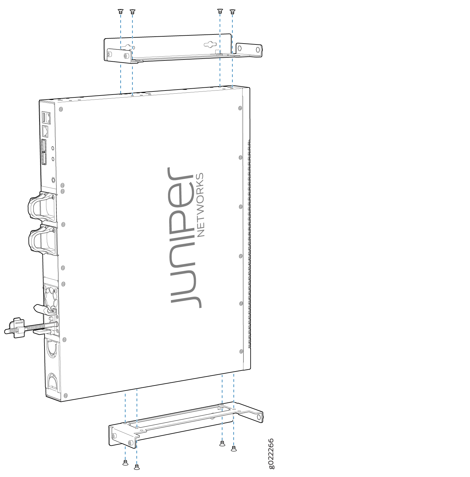 Juniper Networks device with mounting brackets being attached using screws for rack installation.