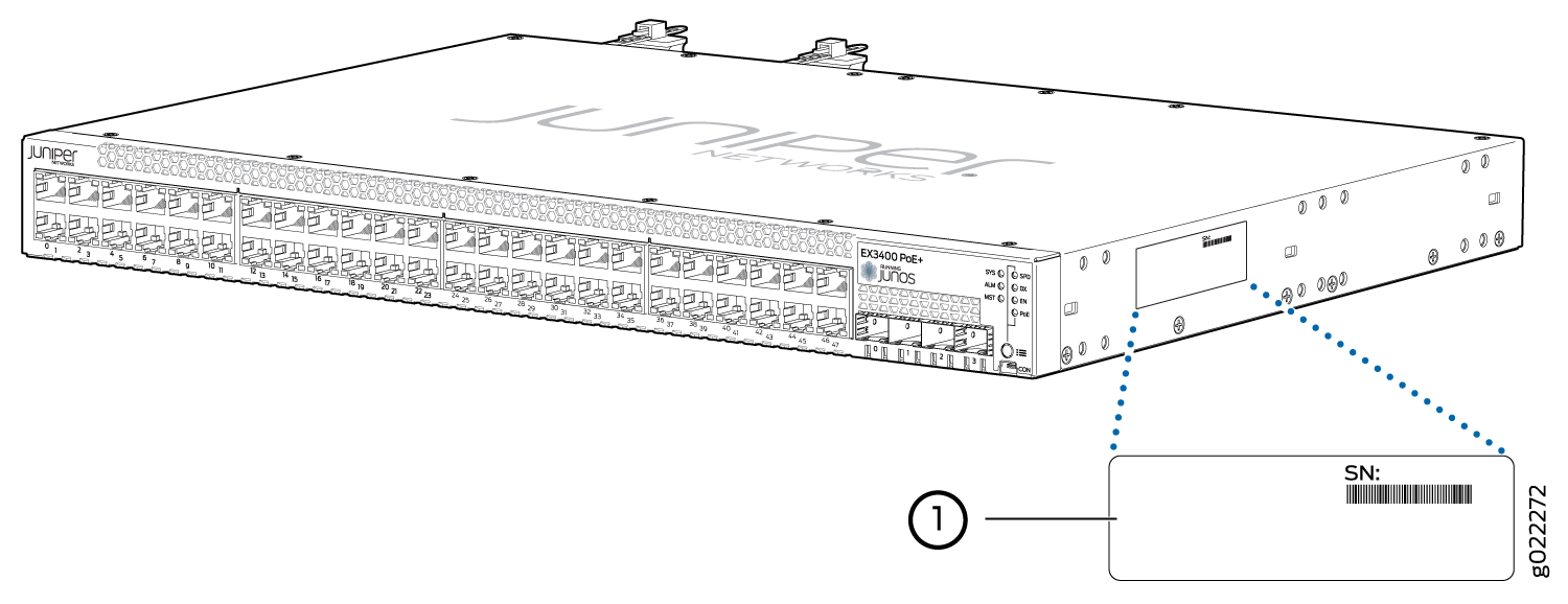 Juniper Networks EX3400 PoE+ switch front panel with ports 0-47, status LEDs, and serial number location.