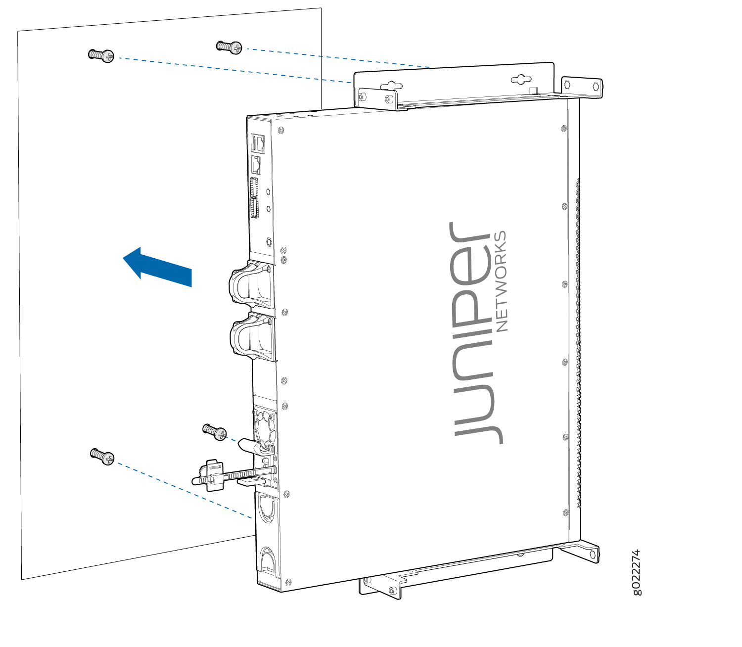 Juniper Networks device being mounted on a wall with brackets and screws, blue arrow shows installation direction.