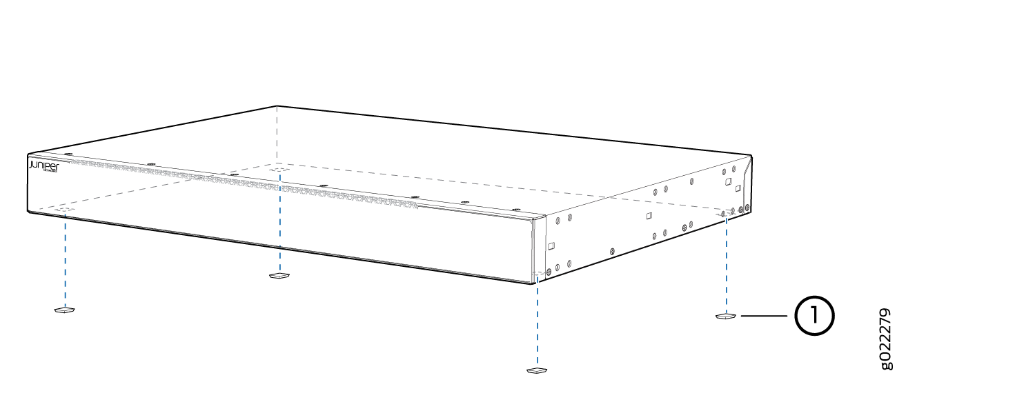 Juniper Networks device with dashed lines showing placement of rubber feet for stability on a flat surface.