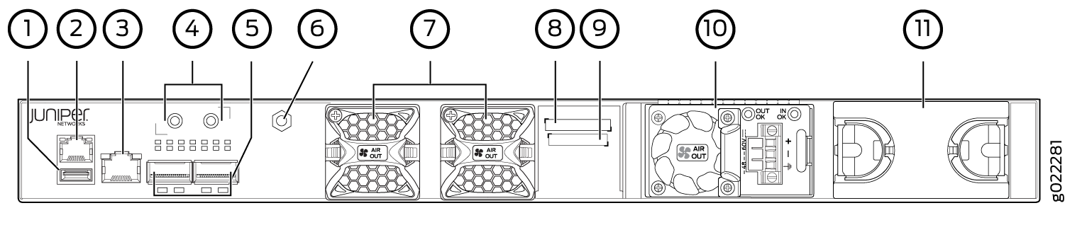 Diagram of a Juniper Networks device rear panel labeling management port, console port, USB port, network ports, grounding point, fan module, fan tray, airflow indicator, expansion module slot, power supply module, and units.