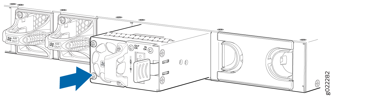 Rack-mounted electronic device with cooling fans labeled AIR OUT and power supply unit with handle and indicators OUT OK IN OK. Blue arrow points to screw on power supply unit.
