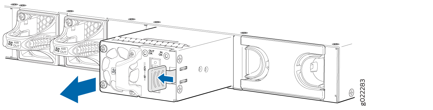 Modular power supply unit being installed or removed with blue arrows indicating direction, surrounded by cooling fans labeled AIR OUT.