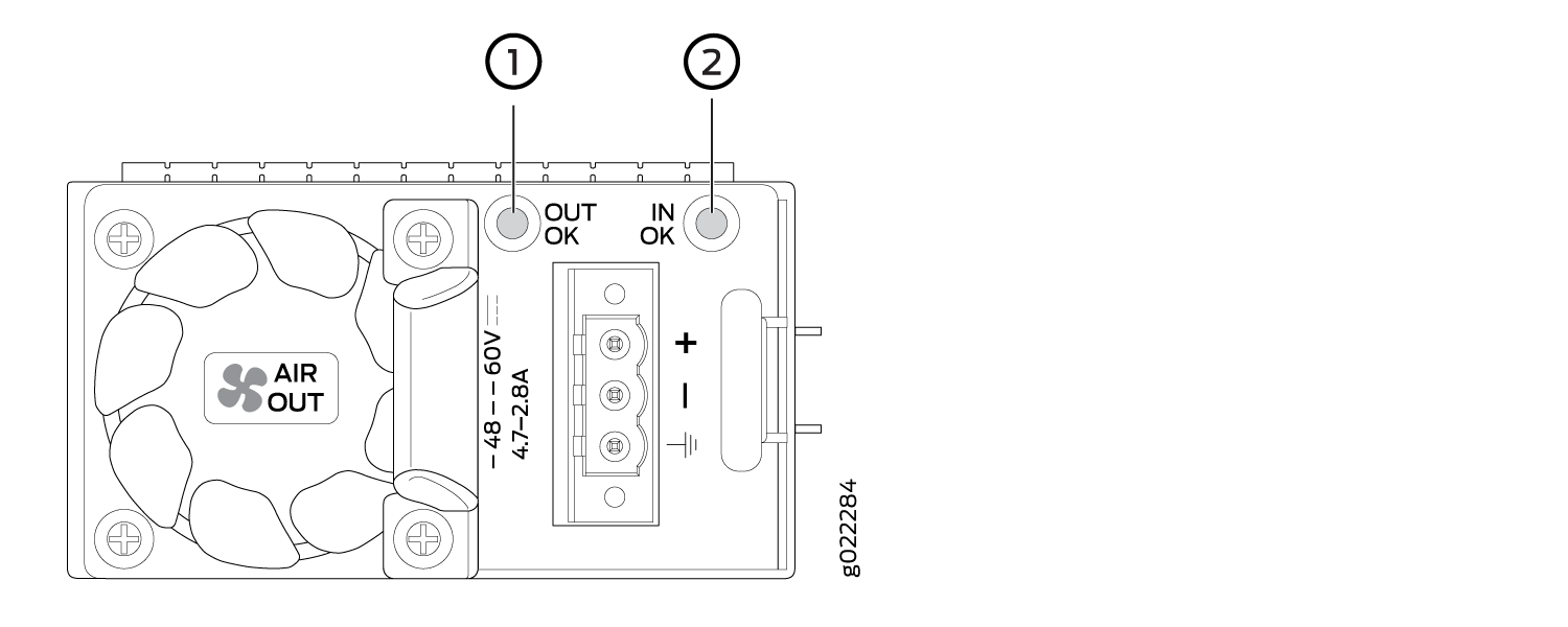 Technical diagram of an electronic component with fan labeled AIR OUT, input and output indicators, voltage range -48 to -60V, current range 4.7 to 2.8A, three-pin connector, and mounting points.