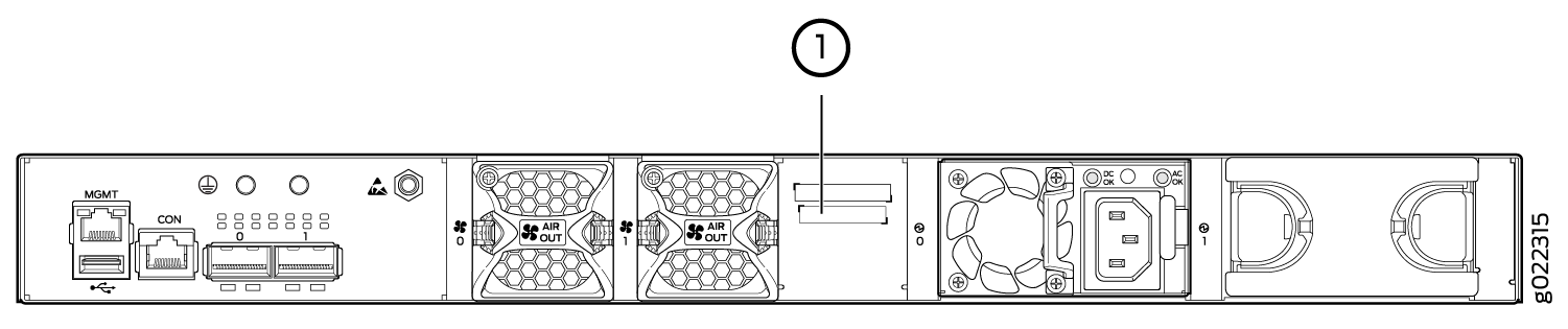 Rear view of a network device showing MGMT and CON ports for admin access, USB port, Ethernet network ports, cooling fans, expansion slots, power supply unit with AC and DC connectors, and hot-swappable handles.