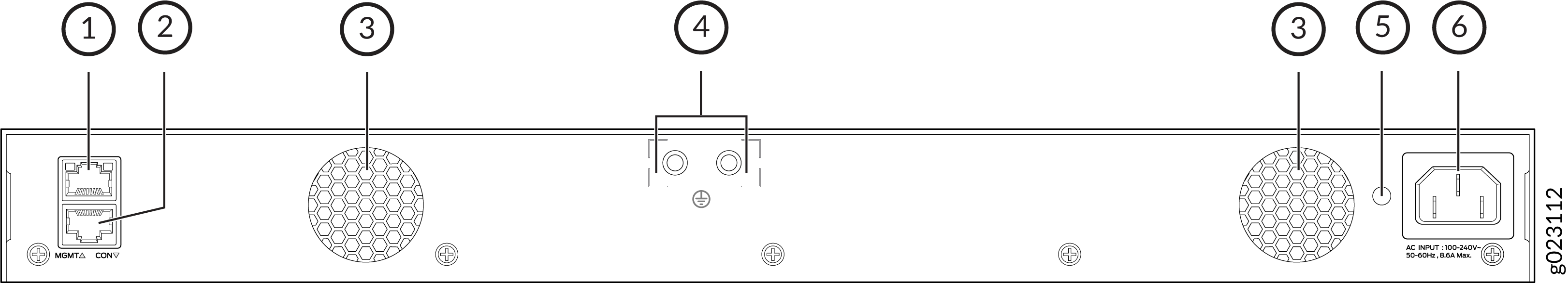 Diagram of a network device rear panel showing MGMT port, CONV port, cooling fans, grounding point, and power input specs.
