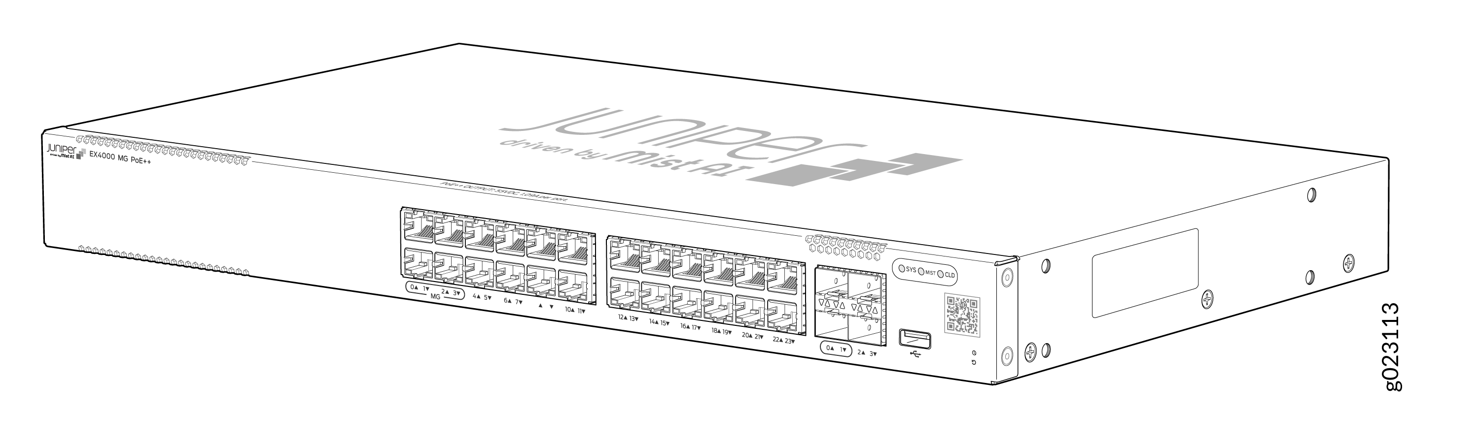 Juniper Networks EX4000 MG PoE++ network switch with Mist AI integration for advanced management.
