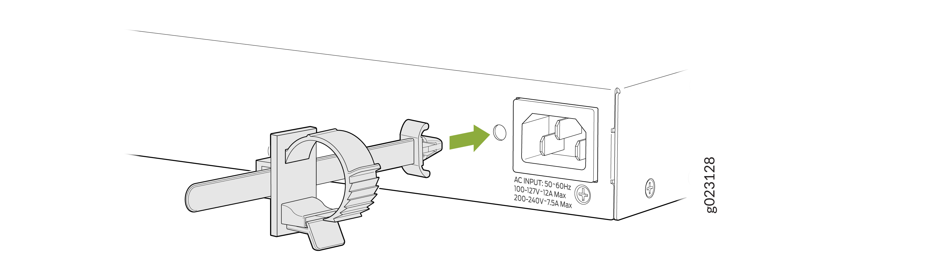 Power cable with clip being inserted into device socket labeled AC input 50-60Hz 100-127V~12A Max and 200-240V~7.5A Max.