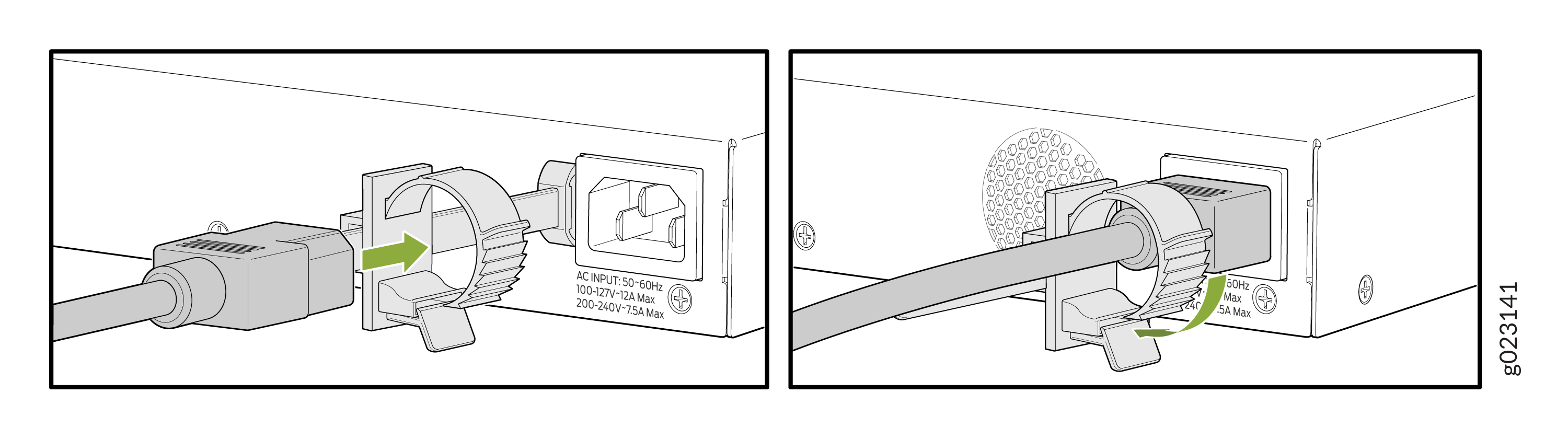 Securing a power cable with a clip: insert cable into clip, rotate clip to lock. Device's AC input specs shown.