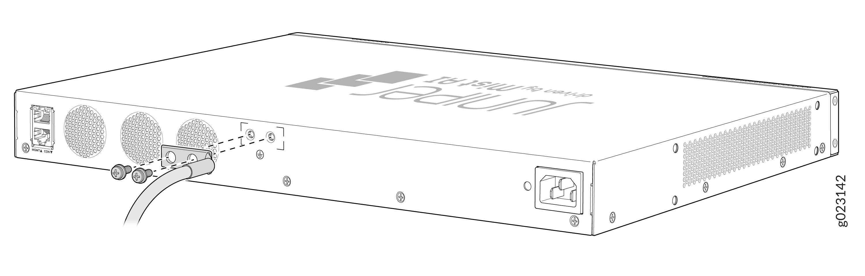 Juniper network switch with MGMT and CON ports, ventilation holes, and power connector.