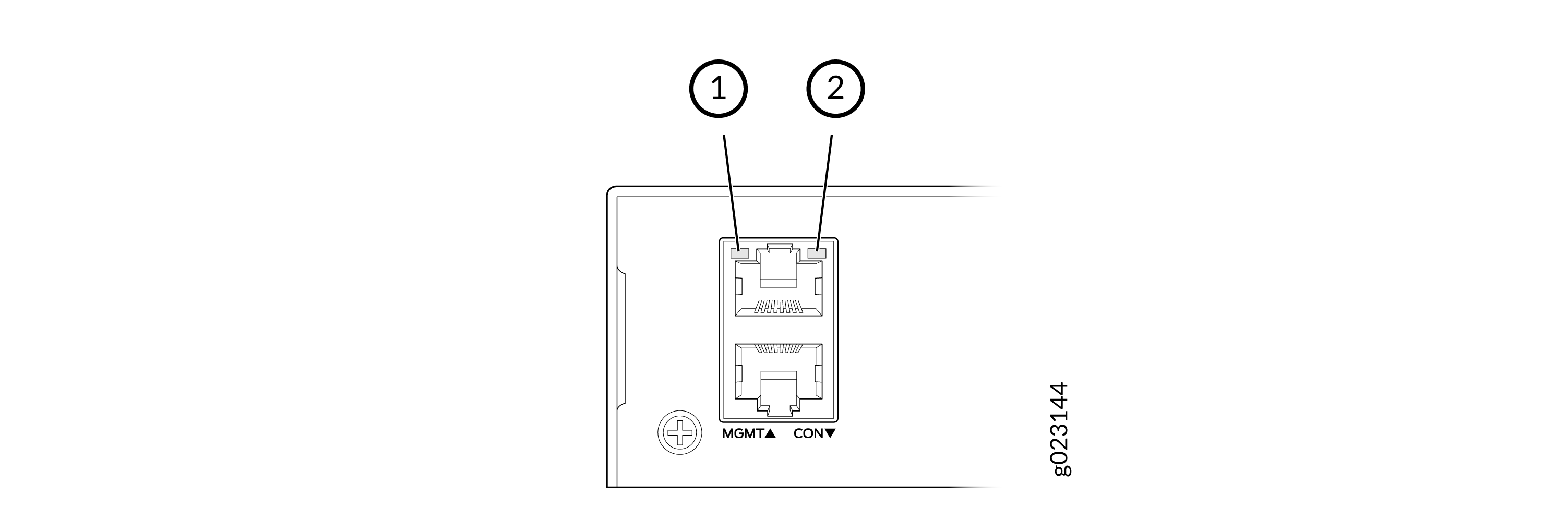 Diagram of device network ports labeled MGMT for management and CON for console access with numbers 1 and 2 indicating each port.
