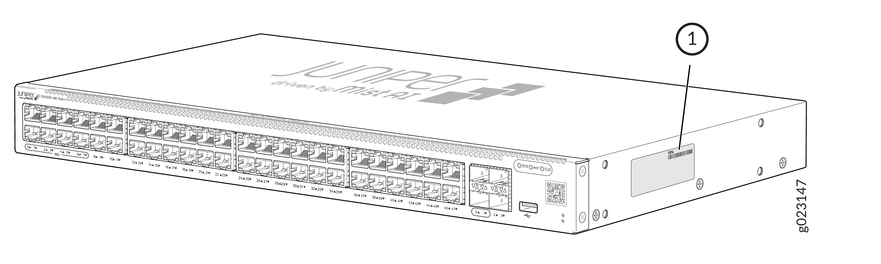 Juniper Networks EX4000 Ethernet switch with RJ-45 ports, PoE Plus, and uplink ports. Label 1 shows serial number location.