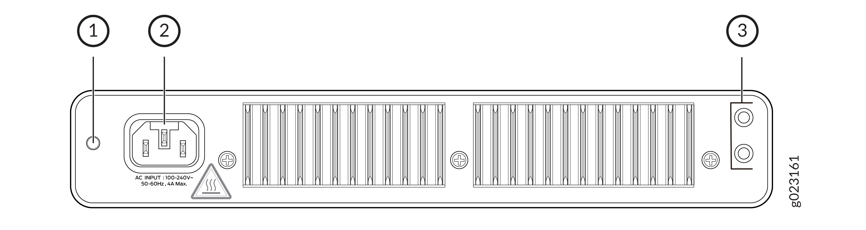 Rear panel of a network switch with power button, AC input labeled AC INPUT 100-240V 50-60Hz 4A Max, two circular ports, ventilation grilles, and warning symbol for heat or electrical safety.
