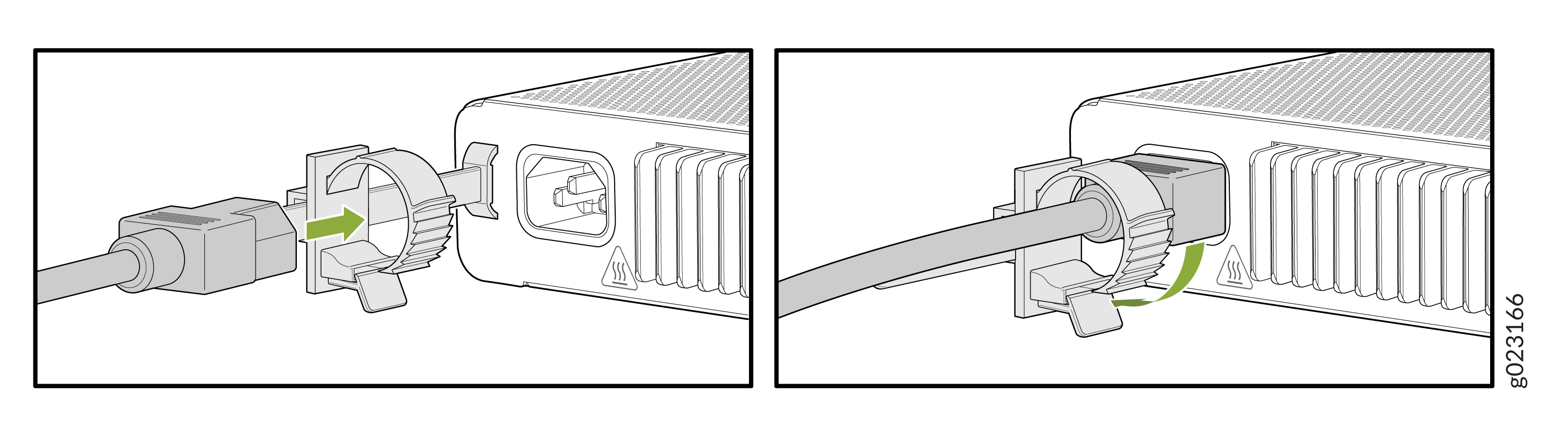 Connecting a power cable to a device with green arrows showing alignment and locking mechanism.