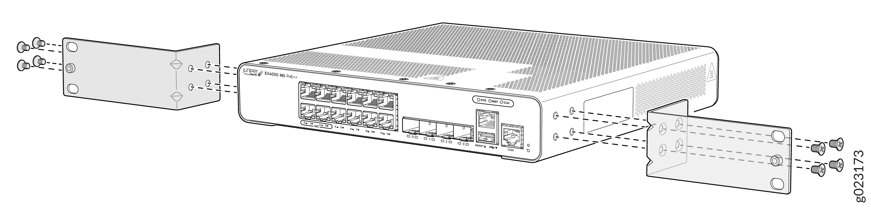 Juniper Networks EX4000 MG PoE++ switch with brackets attached for rack or wall mounting, featuring multiple Ethernet ports.