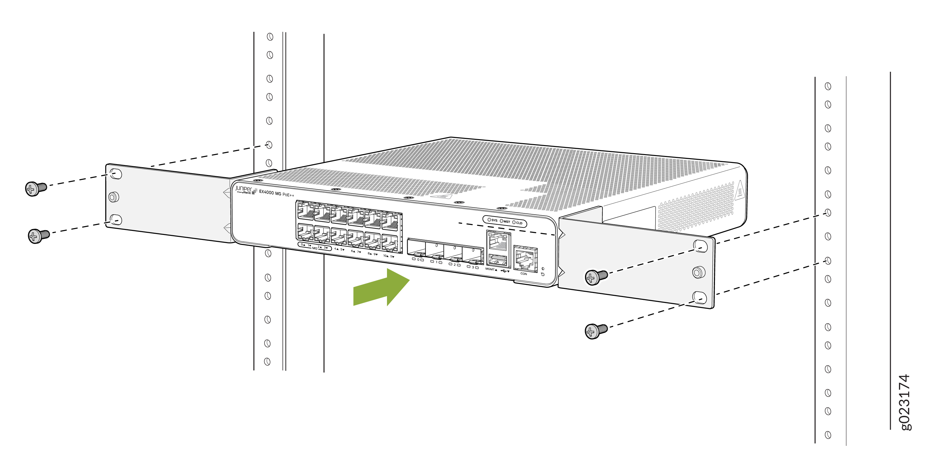 Juniper Networks EX4000 MG PoE++ switch being mounted into a rack with screws and brackets; green arrow indicates ports or connections.