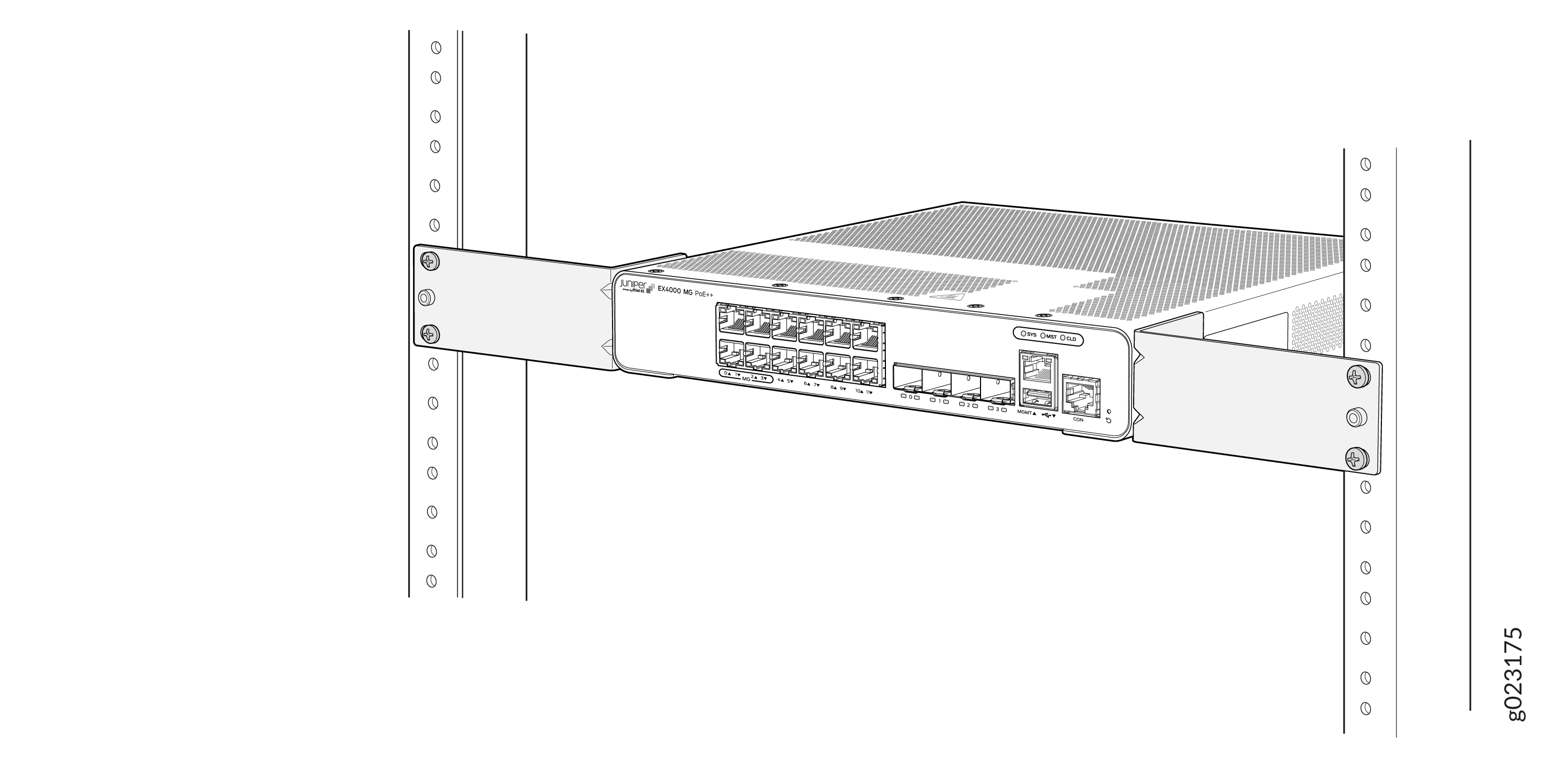 Juniper Networks EX4000 series switch mounted in a rack, featuring RJ-45 and SFP ports for network connectivity.