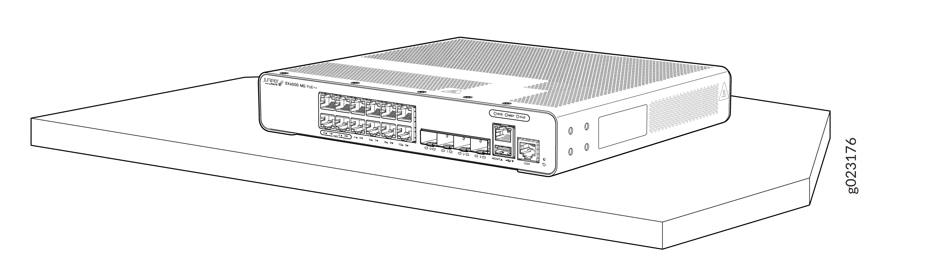 Juniper EX4000 MG PoE++ network switch with multiple Ethernet ports and PoE support for powering connected devices.
