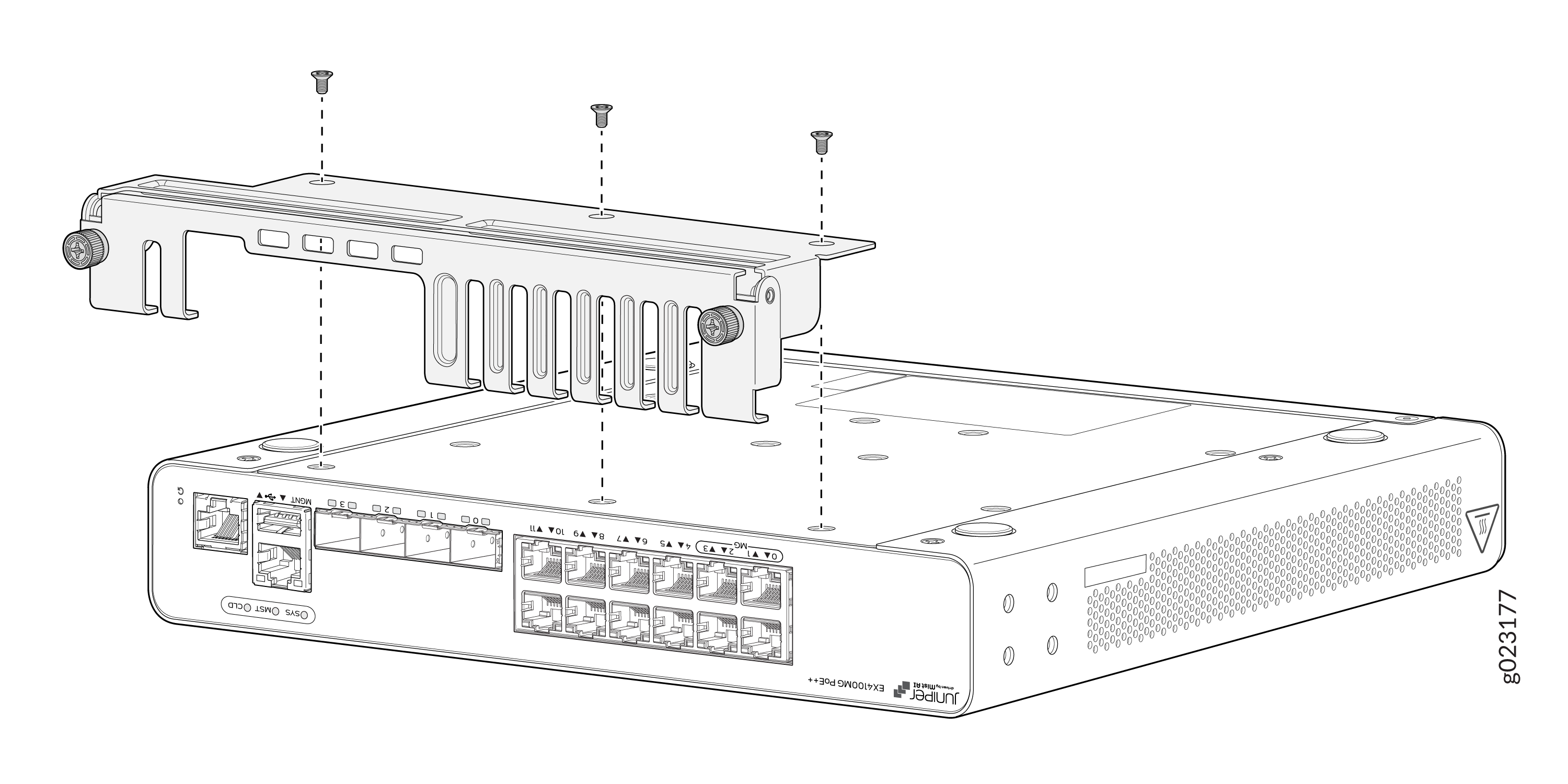 Juniper Networks EX4100-MP switch with mounting bracket being attached above, showing screws and alignment points.
