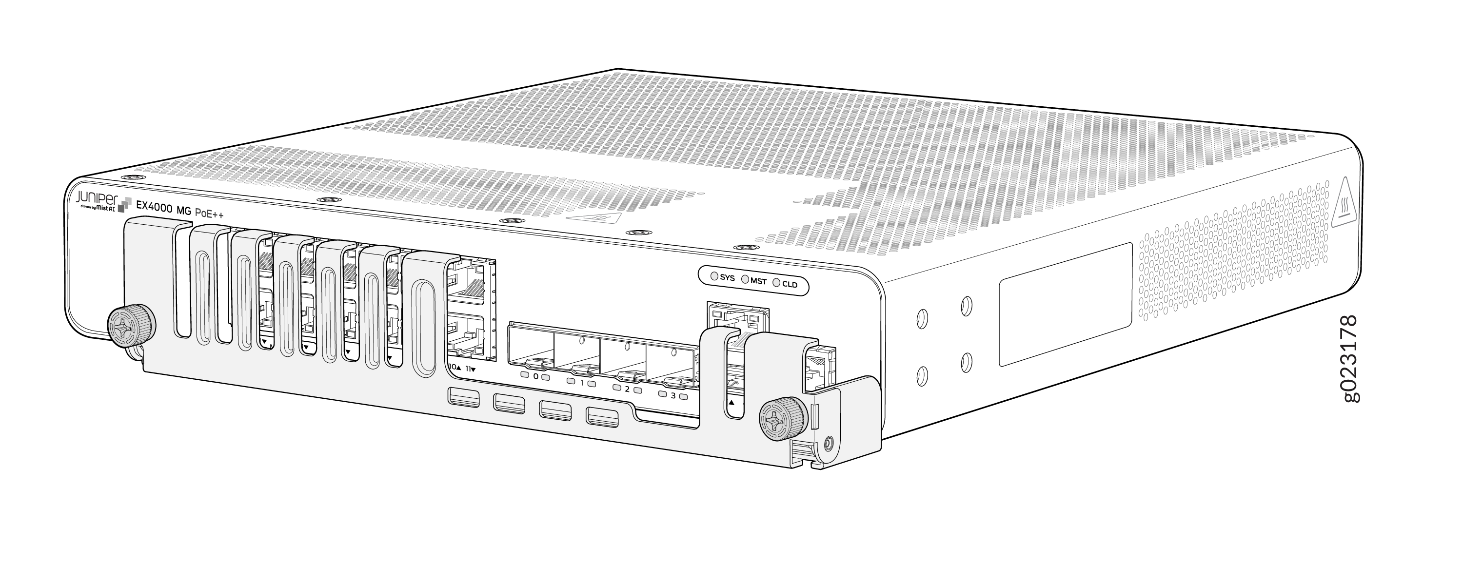 Juniper Networks EX4000 MG PoE++ network switch with ports, status lights, and PoE++ for IP cameras, phones, and access points.