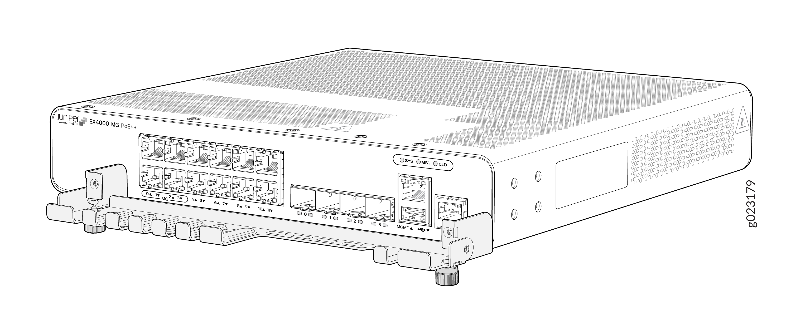 Juniper Networks EX4000 MG PoE++ switch with Ethernet ports, PoE++ support, management ports, and status indicators.