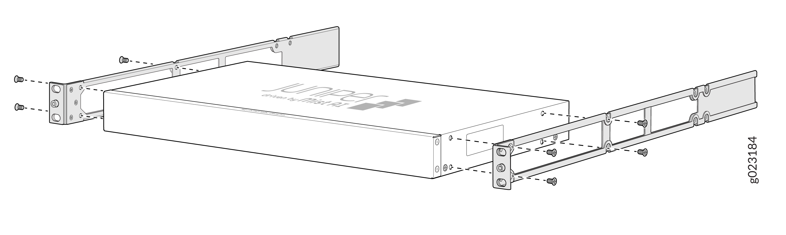 Rack-mount installation diagram for Juniper Networks device with brackets secured by screws for standard rack mounting.