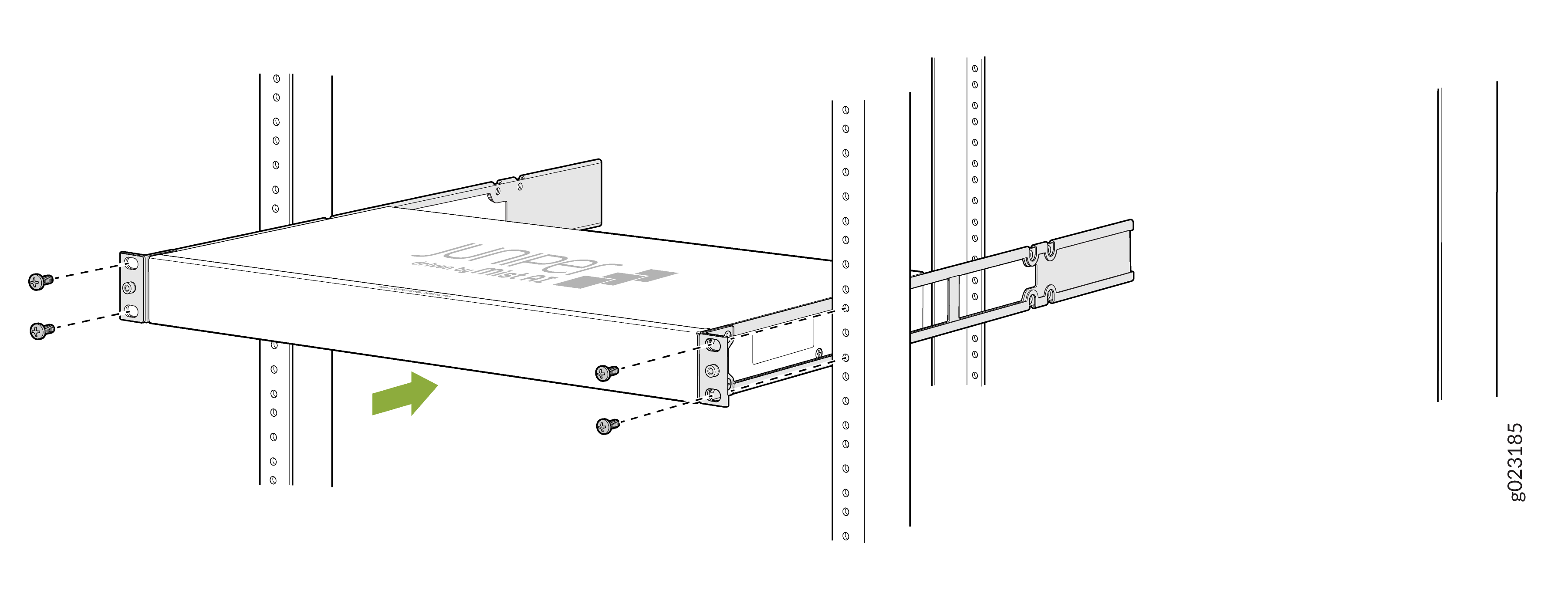Installing Juniper Networks device into rack with rack rails and screws fastening it in place; green arrow shows insertion direction.