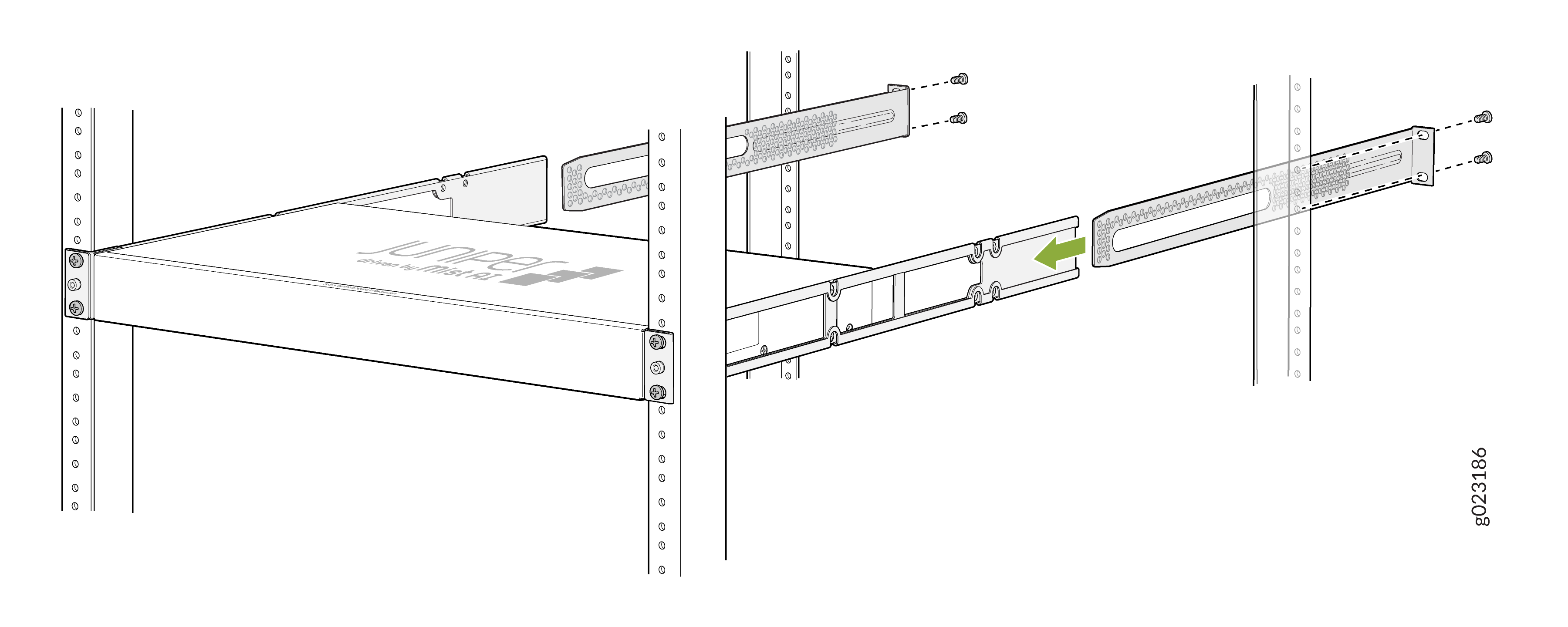 Rack-mounted device installation with Juniper branding. Device slides on rails, secured with screws, green arrow shows insertion direction.