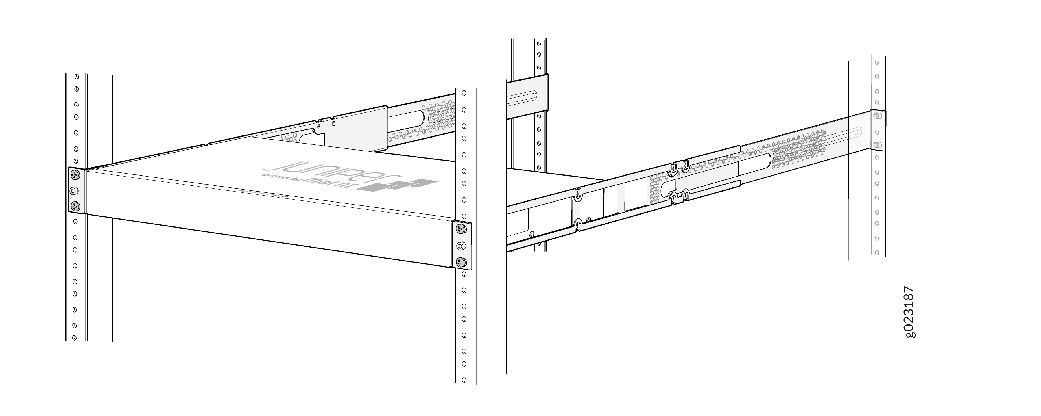 Technical drawing of Juniper-branded rack-mounted server on sliding rails for maintenance access.