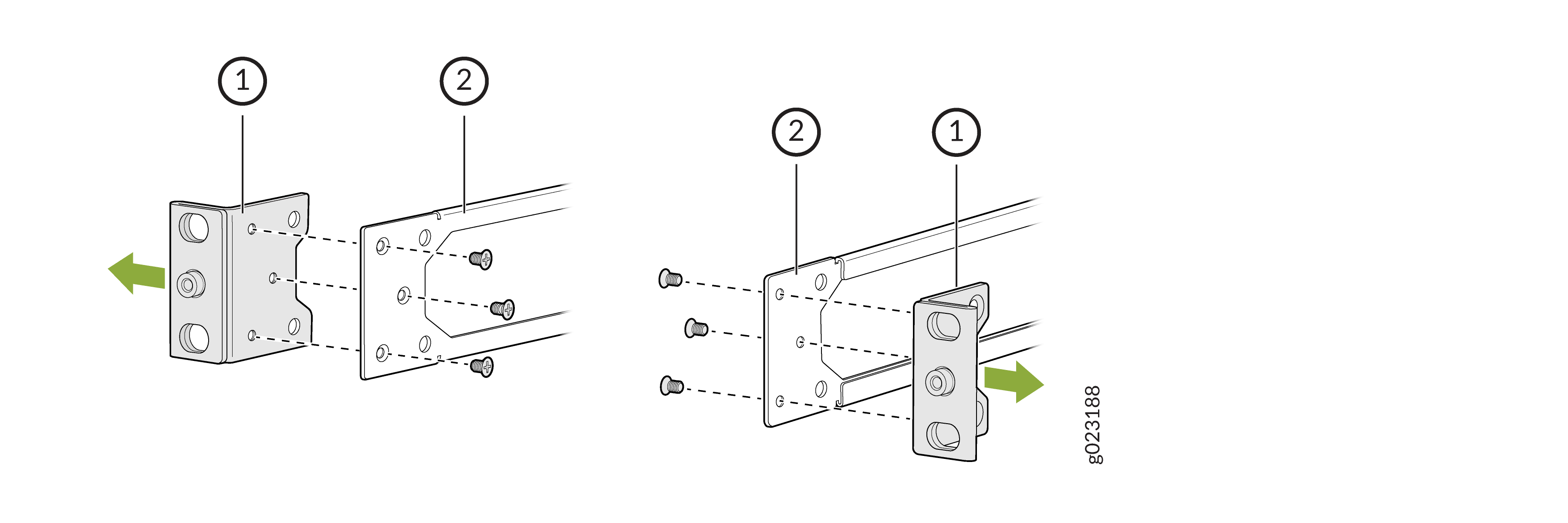 Assembly diagram showing how to attach bracket 1 to frame 2 using screws, with green arrows indicating attachment direction.