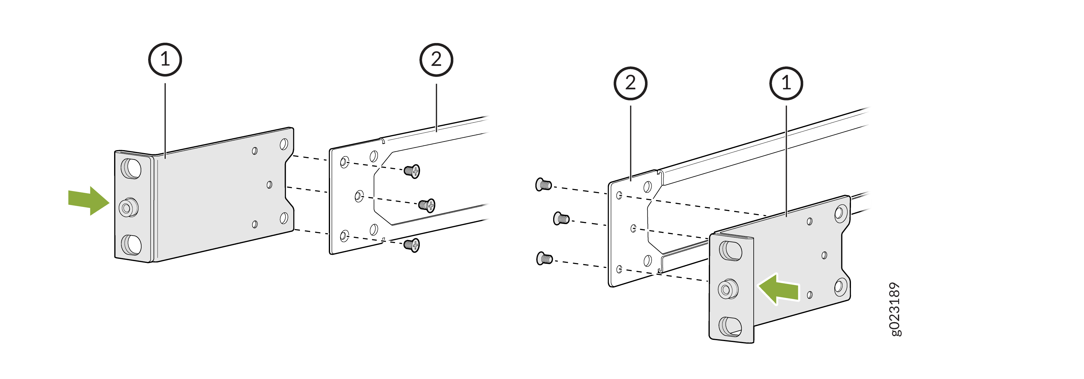 Assembly diagram showing how to attach two metal components labeled 1 and 2 using screws. Green arrows indicate assembly direction.